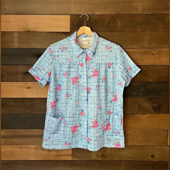 Vintage 80s Lind Clare Blue & Pink Floral 100% Polyester Short Sleeve Top - Picture 1 of 9